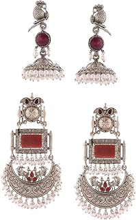Zaveri Pearls Set of 2 Purple & Maroon Stones Antique Statement Jhumki & Dangler Earrings For Women-ZPFK17991 Price In India