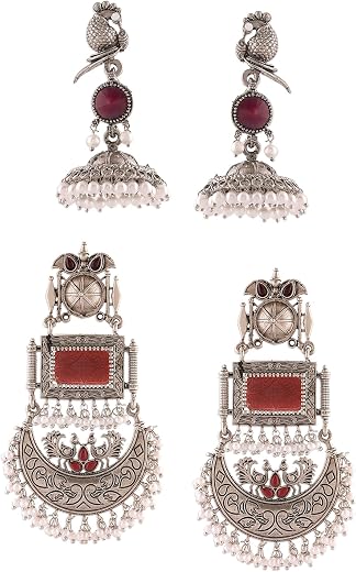 Zaveri Pearls Set of 2 Purple &amp; Maroon Stones Antique Statement Jhumki &amp; Dangler Earrings For Women-ZPFK17991