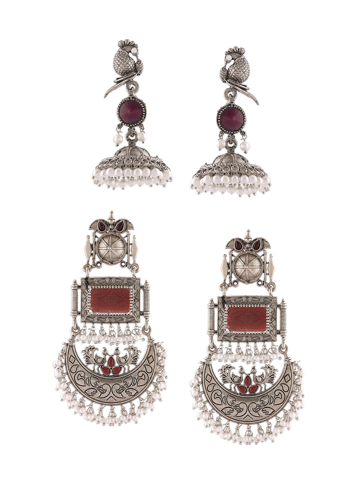 Set of 2 Purple & Maroon Stones Antique Statement Jhumki & Dangler Earrings For Women-ZPFK17991