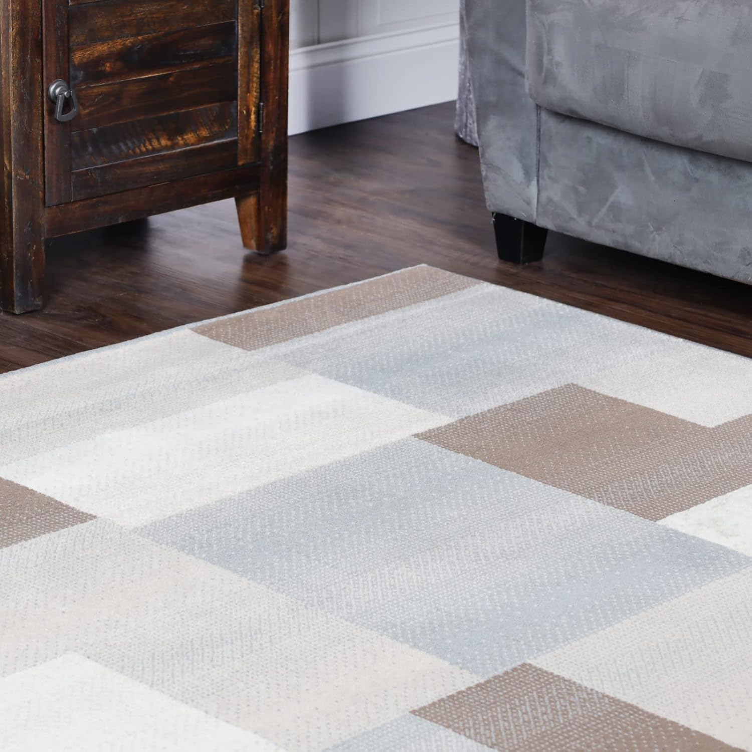 Indoor Large Area Rug, Jute Backing, Home Decor, Perfect for Bedroom, Living Room, Office, Kitchen, Hallway, Floor Cover, Patchwork, Color Block, Plush Indoor Runner Rug, Grey, 8' x 8' Square