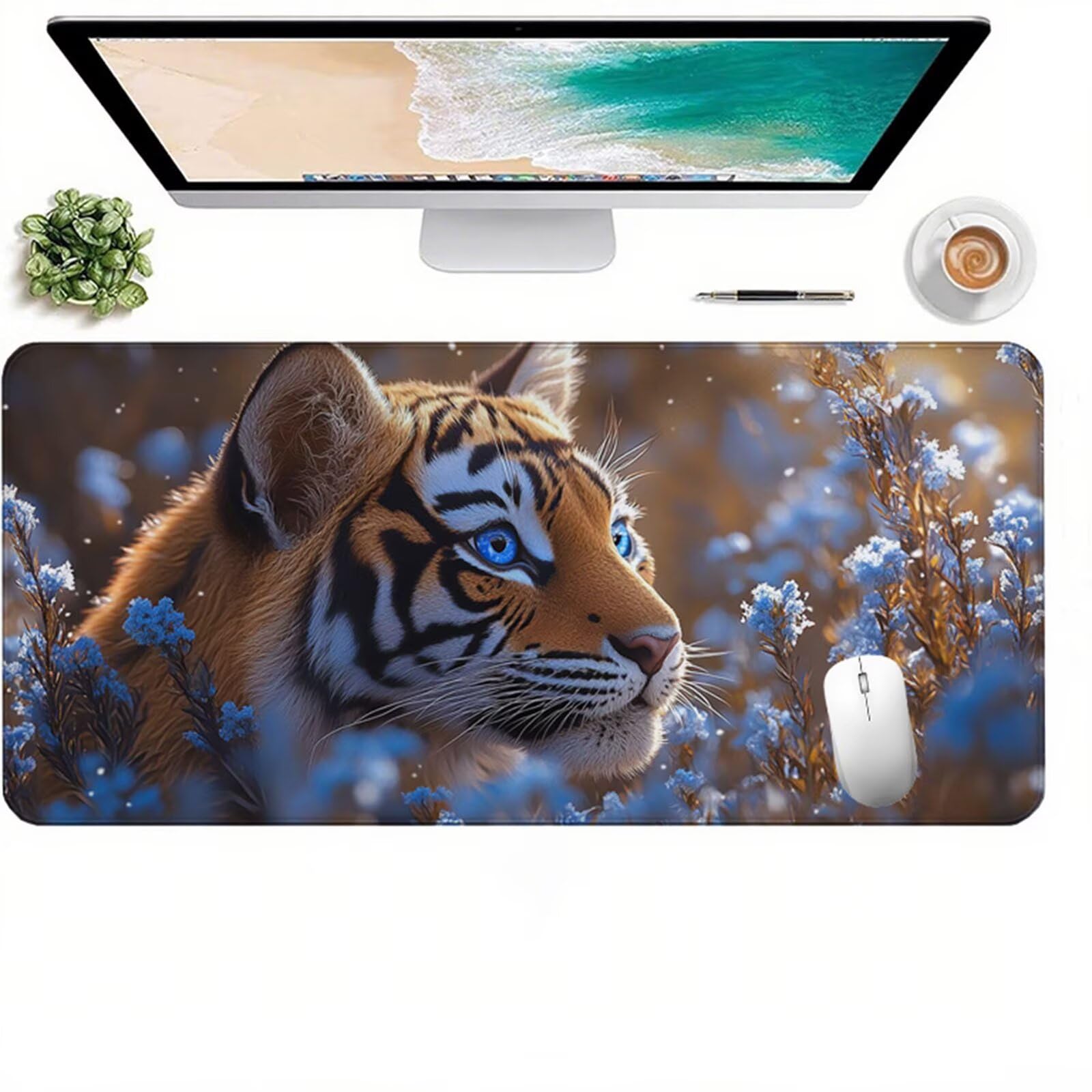 Żółta podkładka pod mysz dla graczy XXL 1400 x 600 x 3 mm, tygrys pod ręką biurko z antypoślizgową i wodoodporną gumową podkładką pod mysz, gładka powierzchnia poprawia precyzję i szybkość D1-727