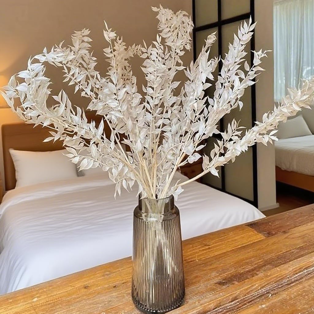 Natural Preserved Eucalyptus and White Italian Ruscus Stems, 17 Inches, 15 Stems, Dried Floral Bunch for Wedding and Home Decor