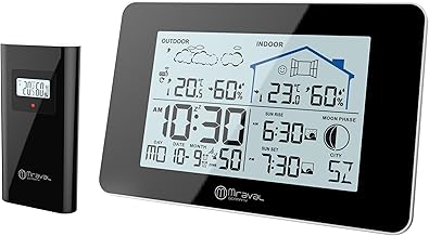 Miraval Wireless Weather Station with Outdoor Sensor Date Display Moon Phase Sunrise Indoor & Outdoor Humidity 2 Alarms with Light Weather Trend Large Display Modern (Black)