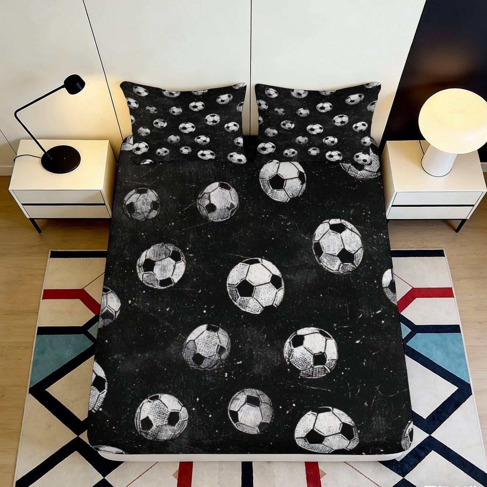 Pnayamiorkfel Style-7 3D Printed Black Soccer Ball Fitted Sheet Microfiber Soft Bed Cover Anti-Slip Machine Washable For Bedroom Guest Room Decor 90X200x25cm