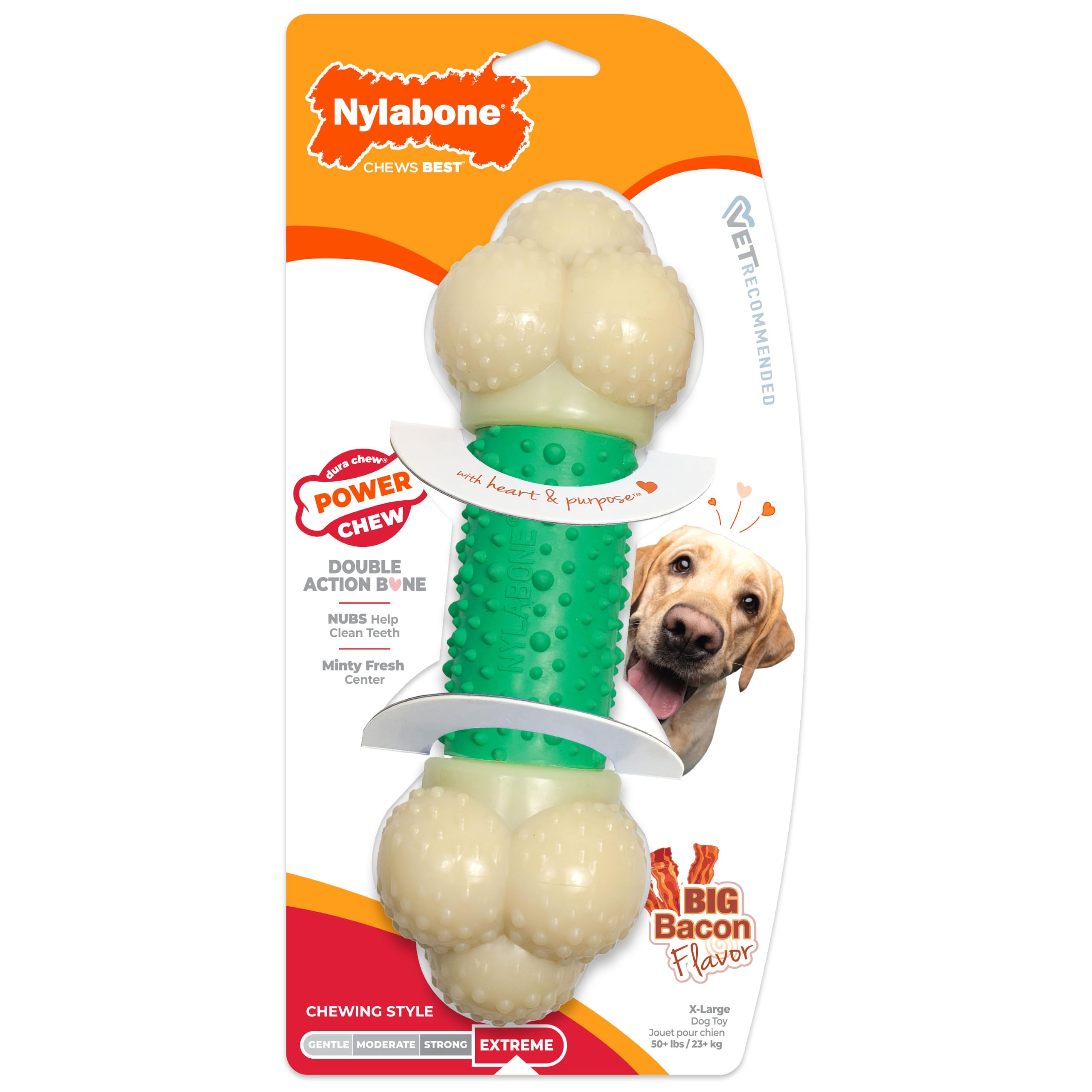 Nylabone gryzienie kości i zabawka dentystyczna dla agresywnych gryzaczy, podwójna tekstura, smak bekonu - XL – nadaje się dla dużych psów o wadze 23 kg i większej
