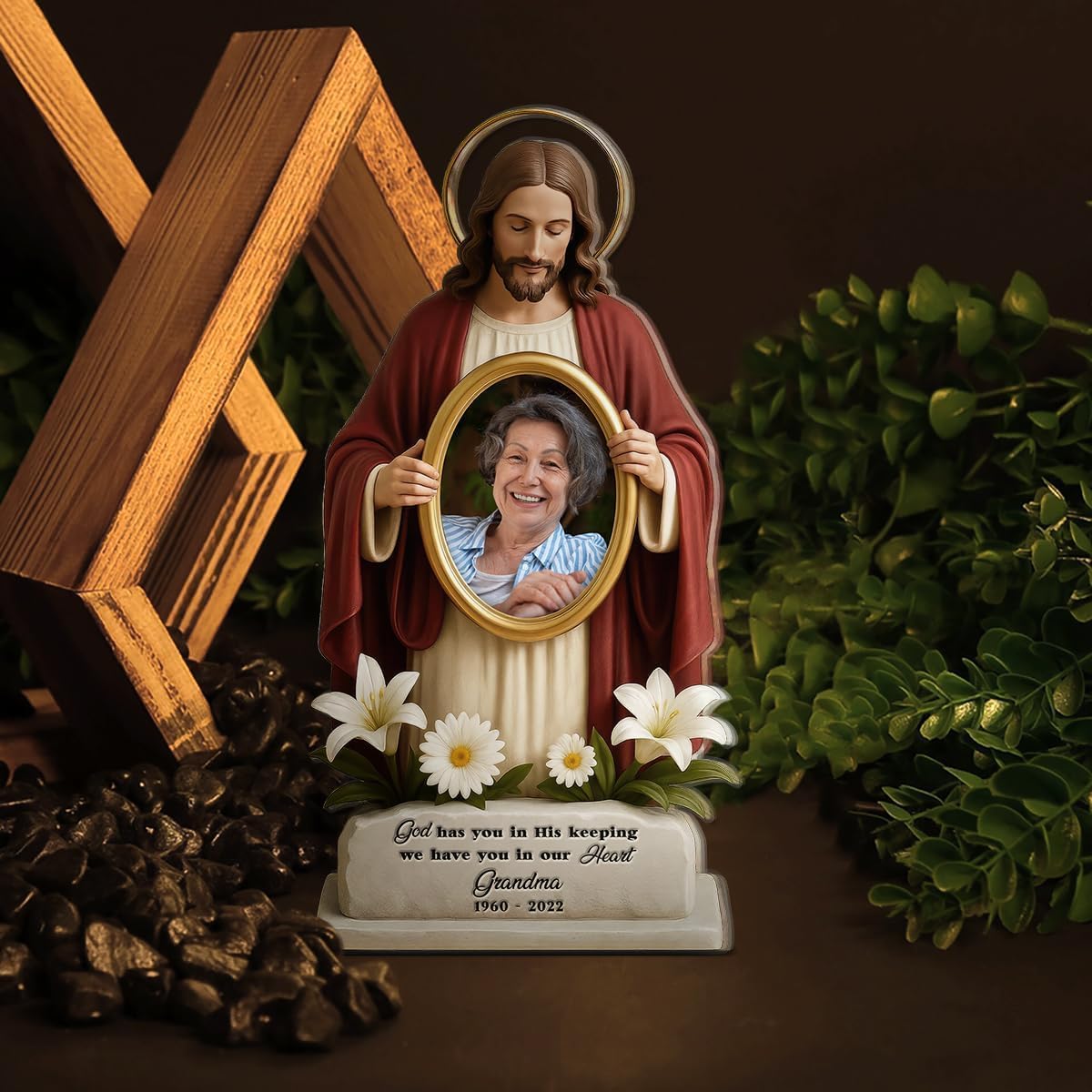 Personalized Memorial Plaque with Photo – “God Has You in His Keeping” Sympathy Sign, Custom Jesus Memorial Statue, In Loving Memory Plaque for Loss of Loved One