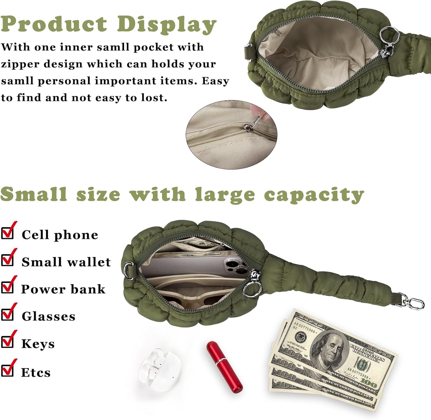 Women Quilted Wristlet Bag Puffer Handbags Purse - Image 5