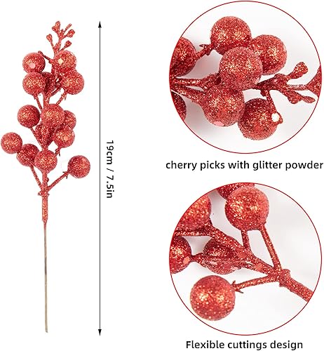 Vista 11 de Crafare Paquete de 24 tallos de bayas con purpurina de Navidad artificiales para relleno de árbol de Navidad, coronas, manualidades, decoración