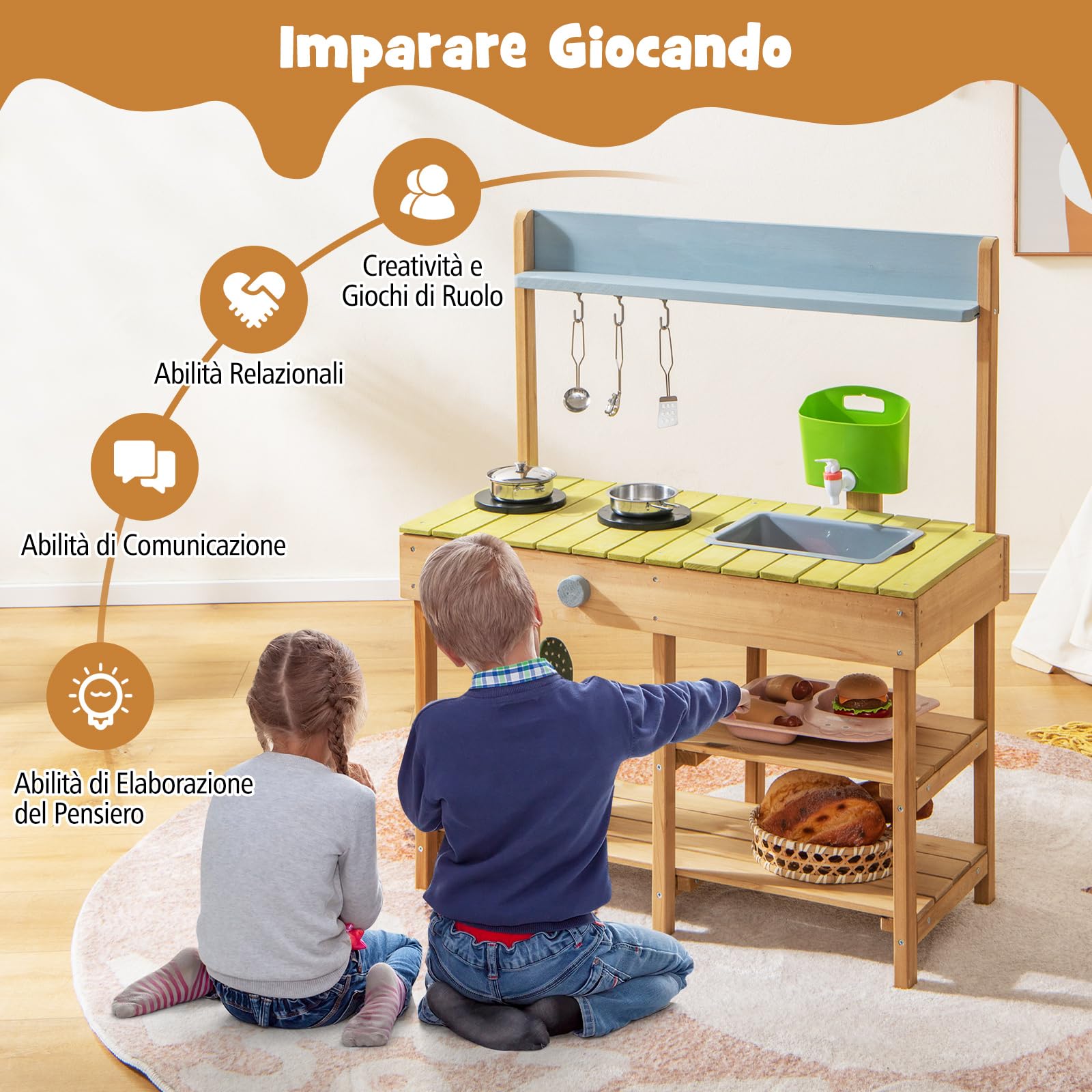 COSTWAY Cucina Giocattolo per Giardino in Legno di Abete, Cucina per Bambini con Serbatoio dell'Acqua e Lavello Rimovibili, 3 Ripiani Aperti, Funzione Suoni, per Bambini 3+ Anni (Naturale)