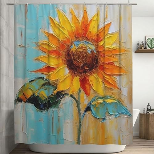 YLATY2221 - Cortina de ducha de girasol para baño, pintura al óleo, hojas verdes, flores, bohemio, tela amarilla abstracta, moderna, impermeable,