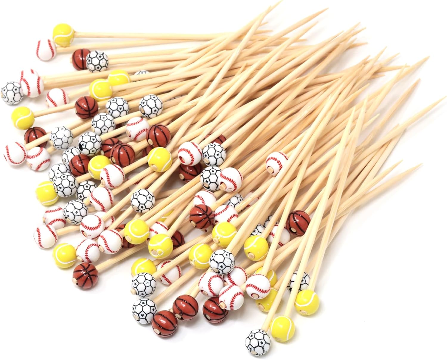 Honbay 100PCS Sports Ball End Bamboo Cocktail Picks Fruit Food Hamburger Toothpicks Cupcake Toppers Sandwich Appetizer Decorative Skewers Drink Garnish Sports Theme Party Decoration Sticks - 4 Styles
