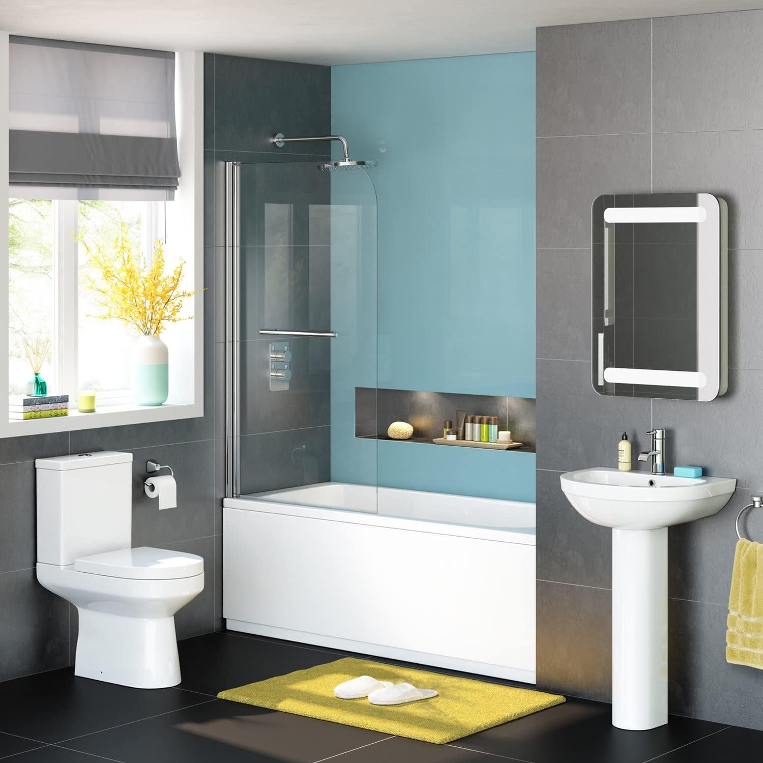 VeeBath RST035 - Pannello per vasca da bagno in vetro temperato con bordo curvo, 6 mm, cromato