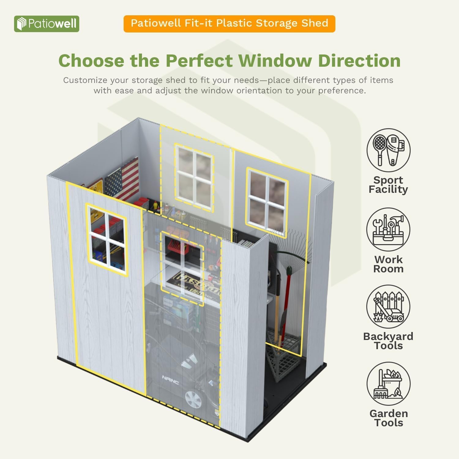 Patiowell 4 x 8 FT Plastic Outdoor Storage Shed with Floor, Garden Tool Resin Storage Shed with Two Windows and Single Lockable Door for Garden, Backyard, Lawn, Easy to Install, Light Grey