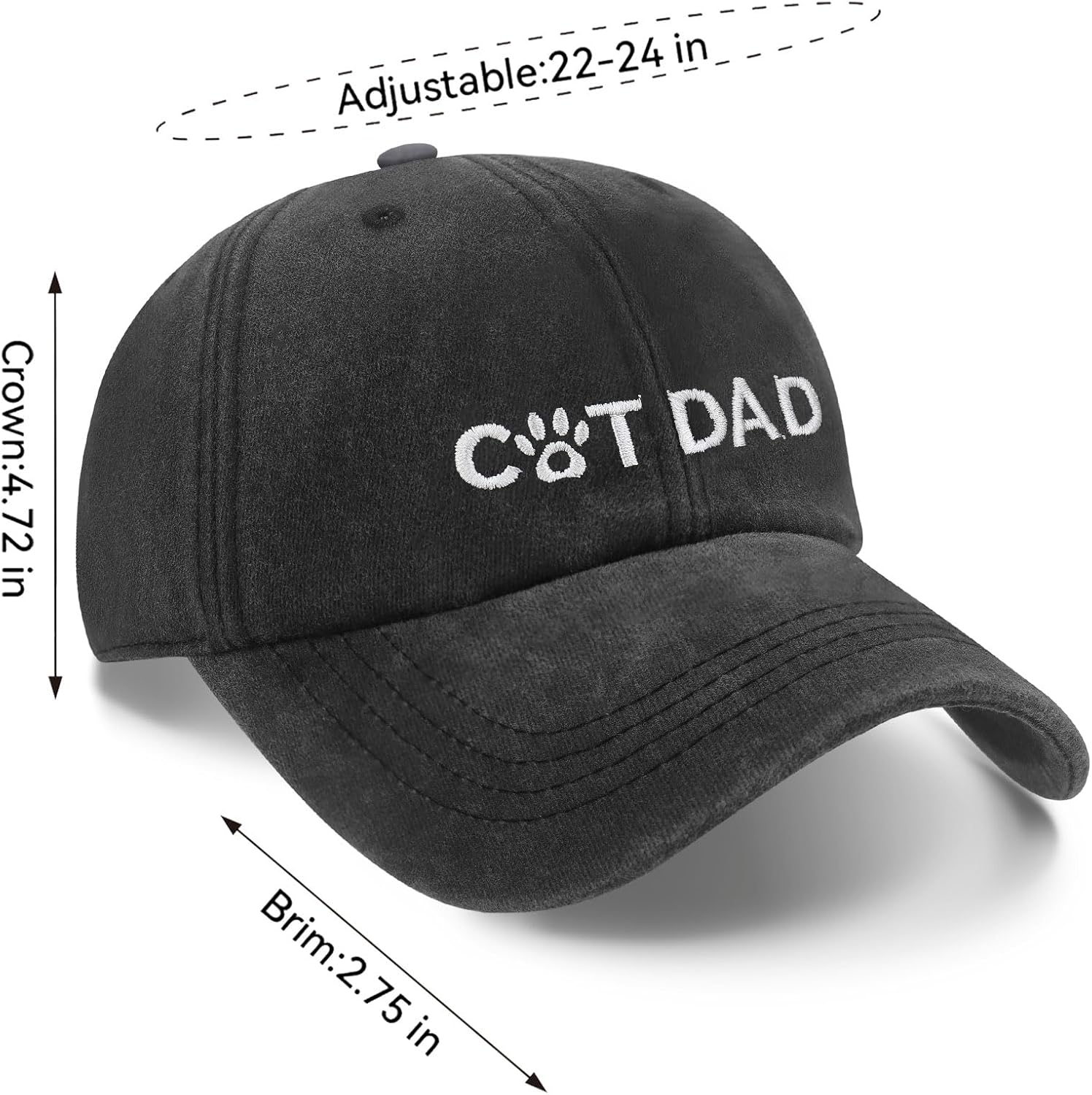 Cat Dad Hat for Men, Cat Dad Gifts, Adjustable Size Cotton Baseball Cap Black