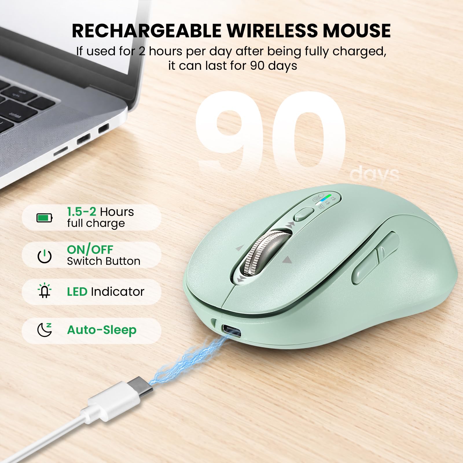 INFINMIND Mouse wireless Bluetooth per laptop, USB+BT × 2, silenzioso, mouse per computer Ergo, in metallo a 4 vie, ± 3200 DPI, ricaricabile, 9 pulsanti, mouse cordless multi dispositivo per iPad