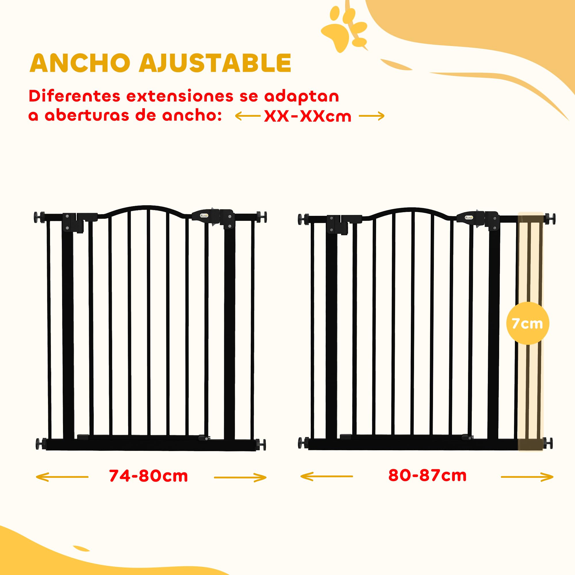 PawHut Barrera de Seguridad para Perros Extensible 74-87 cm, para Puertas y Escaleras, Barrera para Perros con Extensión 7 cm, Montaje a Presión y Doble Bloqueo, Negro
