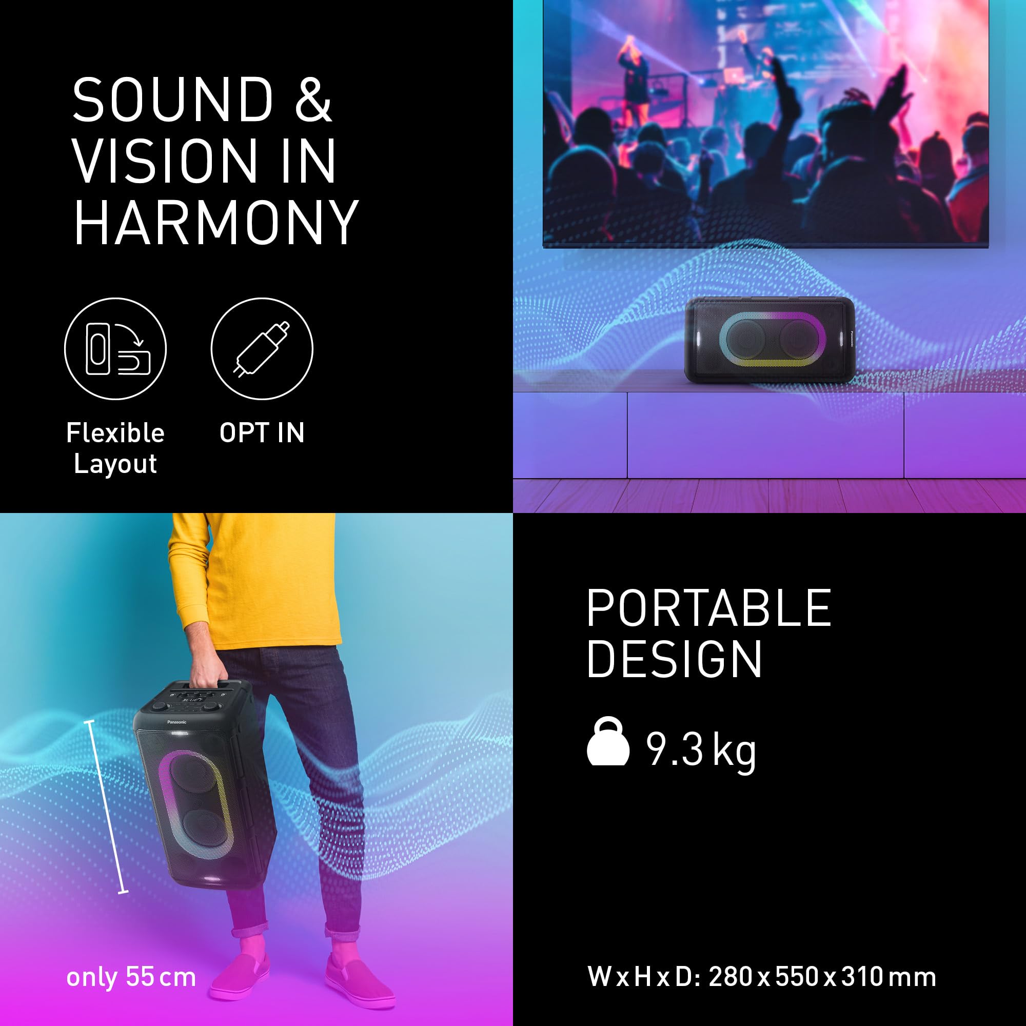 Panasonic SC-BMAX10E-K Altavoz Portátil para Fiestas con Bluetooth, Luces Integradas, 150 W, USB, Entrada Óptica para TV, Entradas de Guitarra y Micrófono para Karaoke, Negro