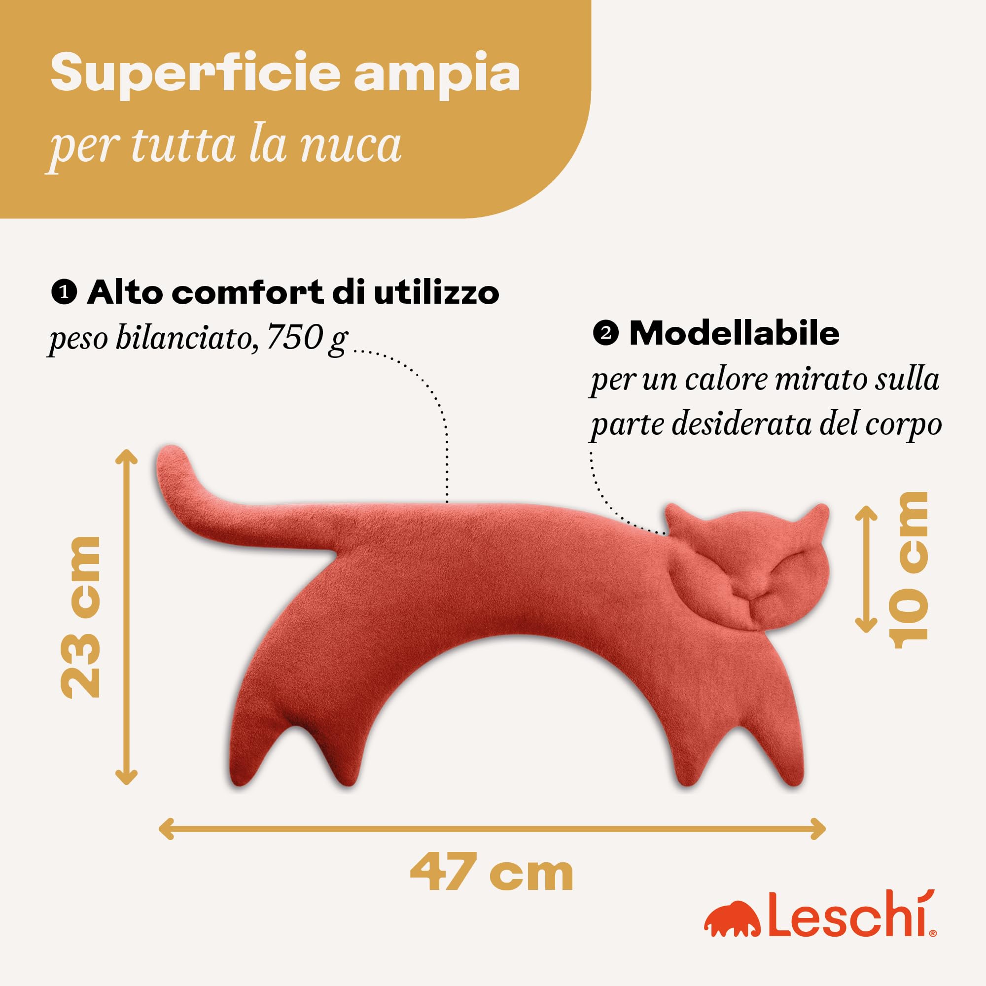 LESCHI Cuscino cervicale termico per microonde - In cotone bio con grano biologico - Cuscino riscaldante ideale per sciogliere tensioni a collo, spalle e schiena - Gatto, rosso