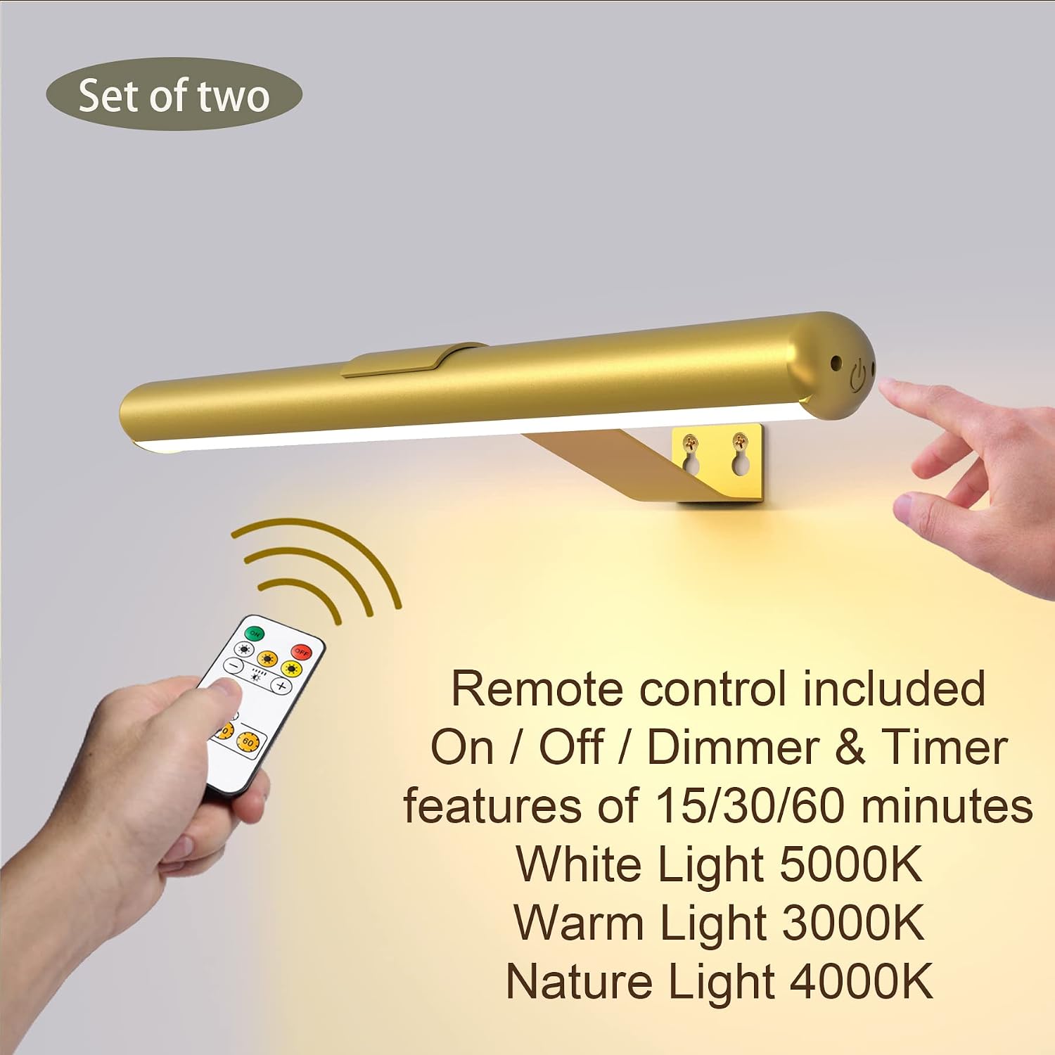 2Pack Wireless Picture Lights Painting Lights with Remote,Gold Rechargeable Battery Picture Lights for Artwork Display Led Accent light Gallery Light Dartboard Light Full Metal Brightness Dimmable
