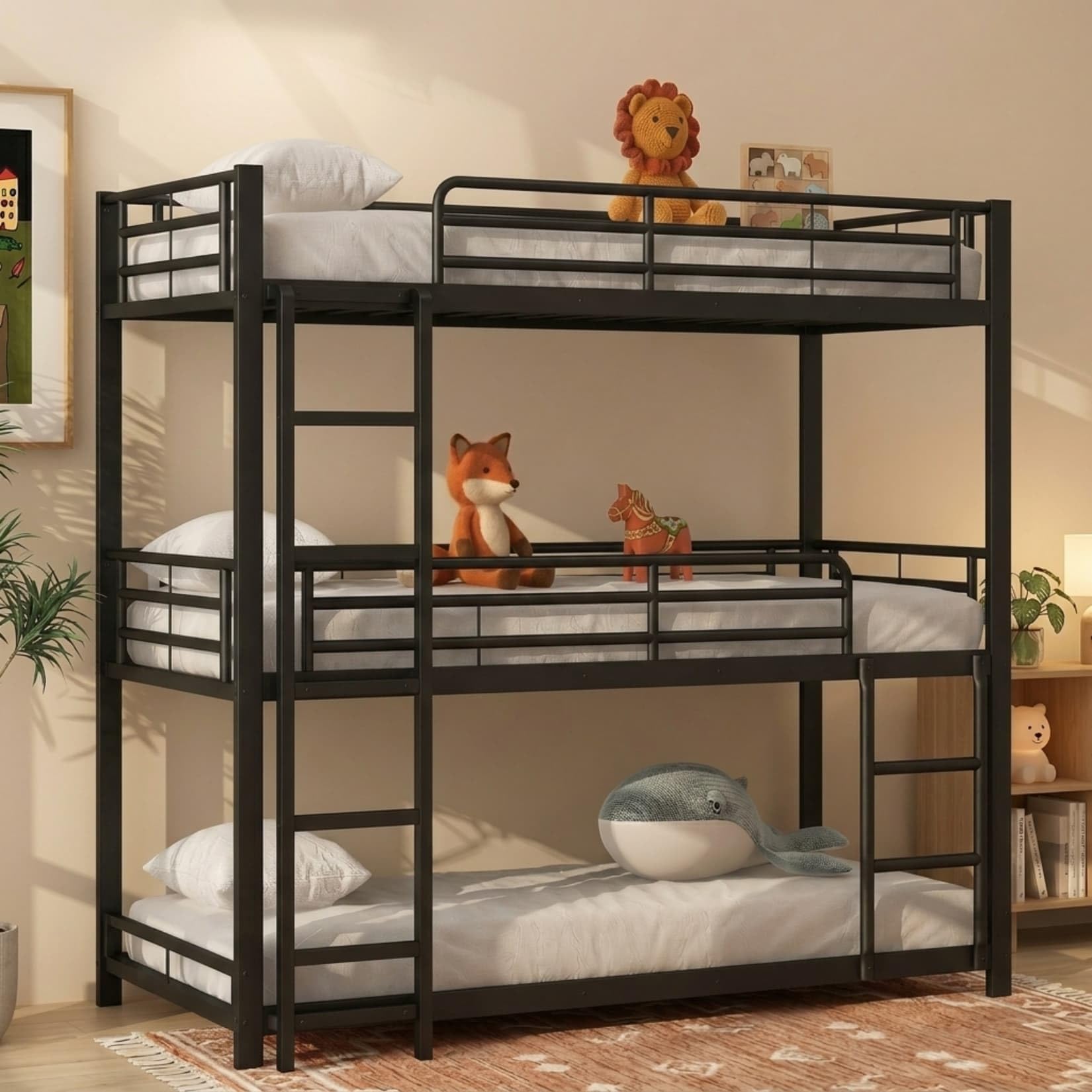 PUGSDRLY Lit Superposé 3 Place 90x200 avec Escalier,Sommier Robuste(B-Noir) | Quatre Barrières Haute,Escalier Robustes,pour Garçons Filles