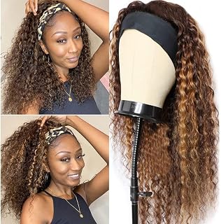 Headband Wigs Human Hair Wigs for Black Women 24 Inch Deep Wave Headband Wigs Perruque Femme Humain Naturel No Lace Front Wigs Human Hair Ombre Brown Wigs 4/27 Colored Curly Wig
