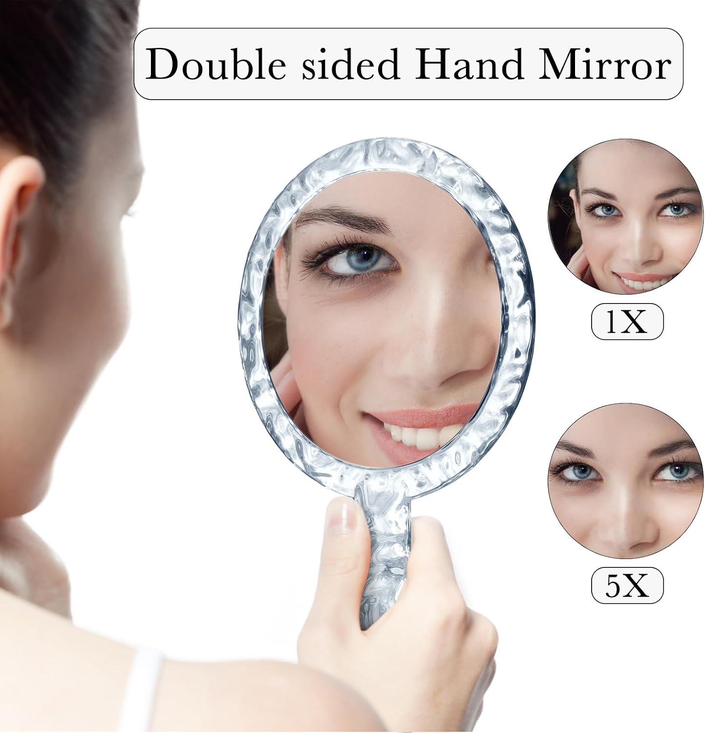 YEAKE Hand Mirror,Double-Sided Handheld 1X/5X Magnifying Mirror with Handle, Handle Makeup Mirror,Acrylic, 6.1" W x 10" L, Rounded Shape, Clear 1 PC