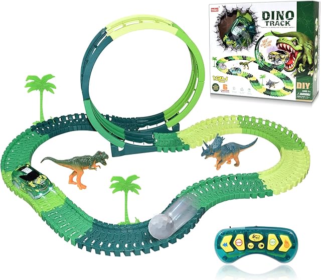 BAKAM Dinosaur Toys Train Sets for Kids, 360° Stunt Loop Action Monster Truck Toys, Car Racing Track Sets with Remote Control, Dino Gift for 3 4 5 6 Year Olds Boys (134 Pieces)