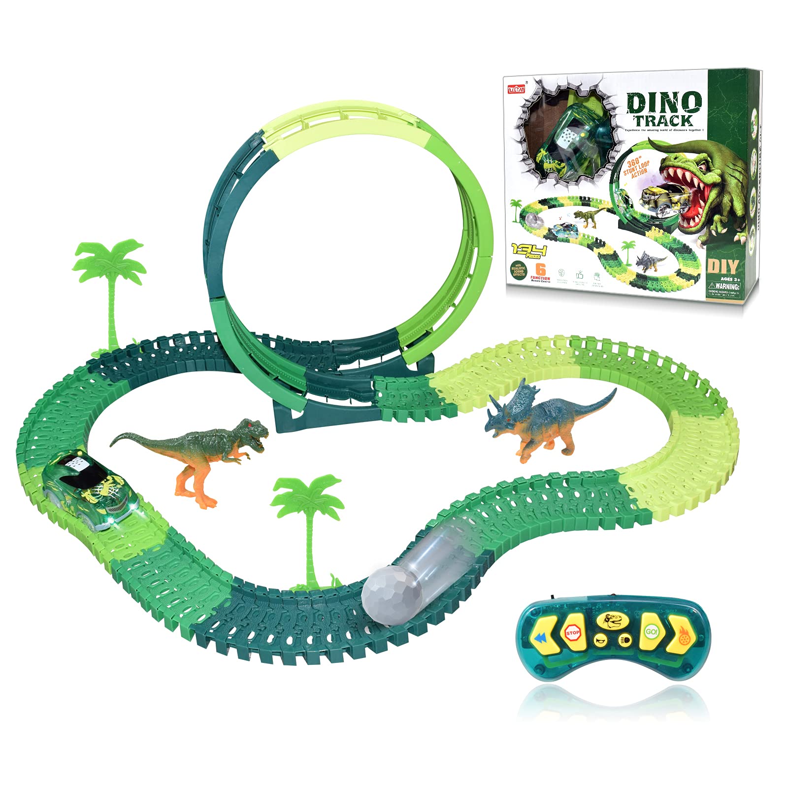 BAKAM Dinosaur Toys Train Sets for Kids, 360° Stunt Loop Action Monster Truck Toys, Car Racing Track Sets with Remote Control, Dino Gift for 3 4 5 6 Year Olds Boys (134 Pieces)