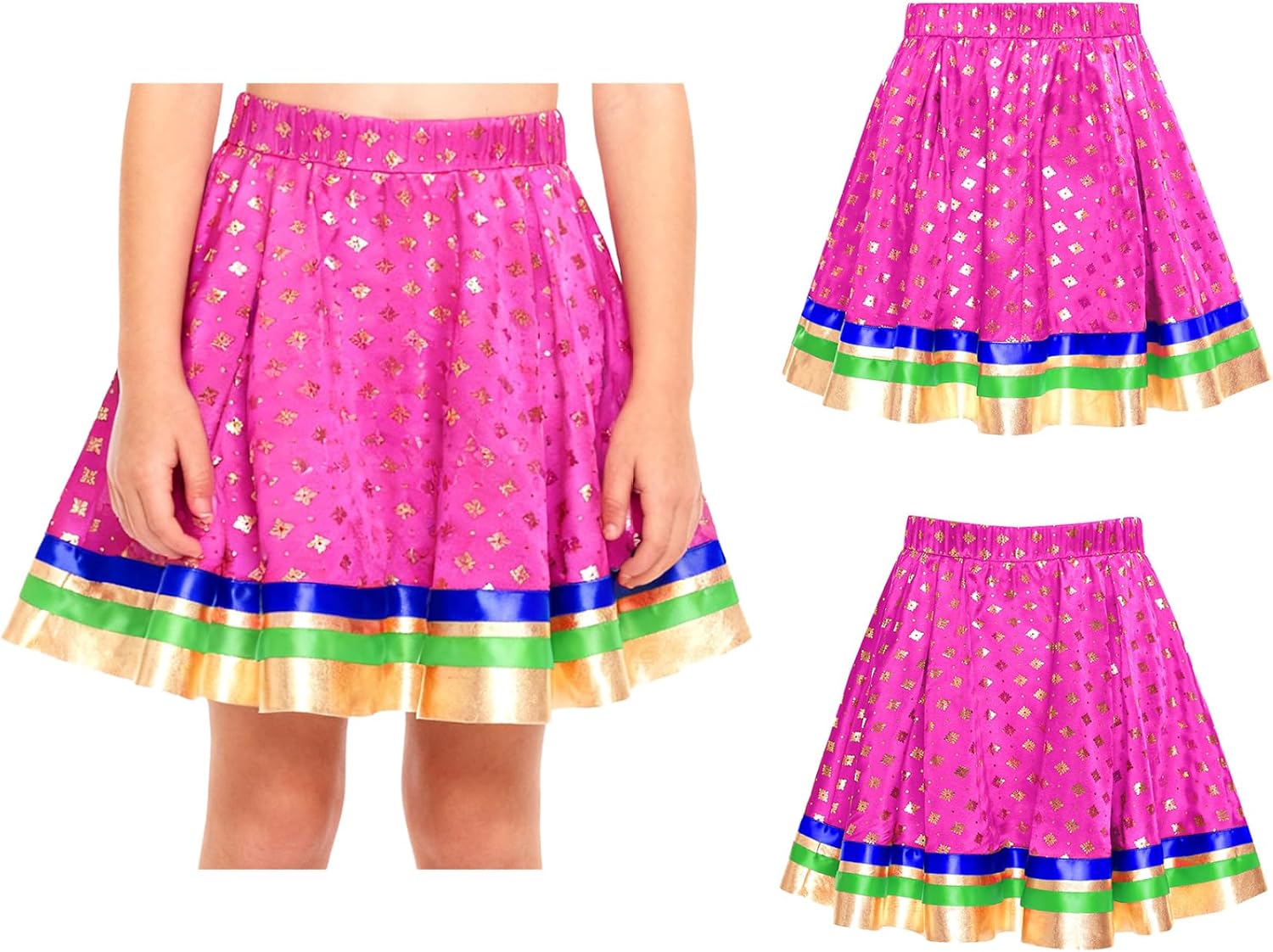JEYPINMI Girls Ethnic Dance Skirt Colorful Striped Mini Skirts Indian Short Dress India Satiny Skirts