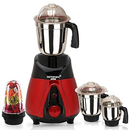 Rotomix BTRRSA21 600Watts Mixer Juicer Grinder with 4 Jars (1 Large Bullets Jar, 1 Liquid Blending Jar, 1 Dry Grinding Jar and 1 Chutney Jar) - Red
