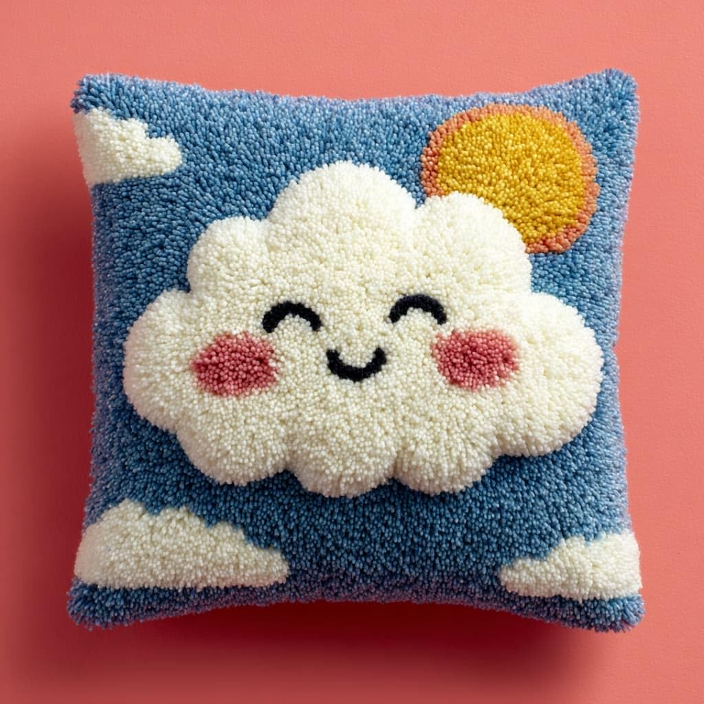 Henypt Latch Hook Pillow Craft Kit 43x43cm,Cartoon Smiling Cloud 17x17 Inch,Complete Starter Kit with Tools and Yarn for Beginners & Craft Enthusiasts
