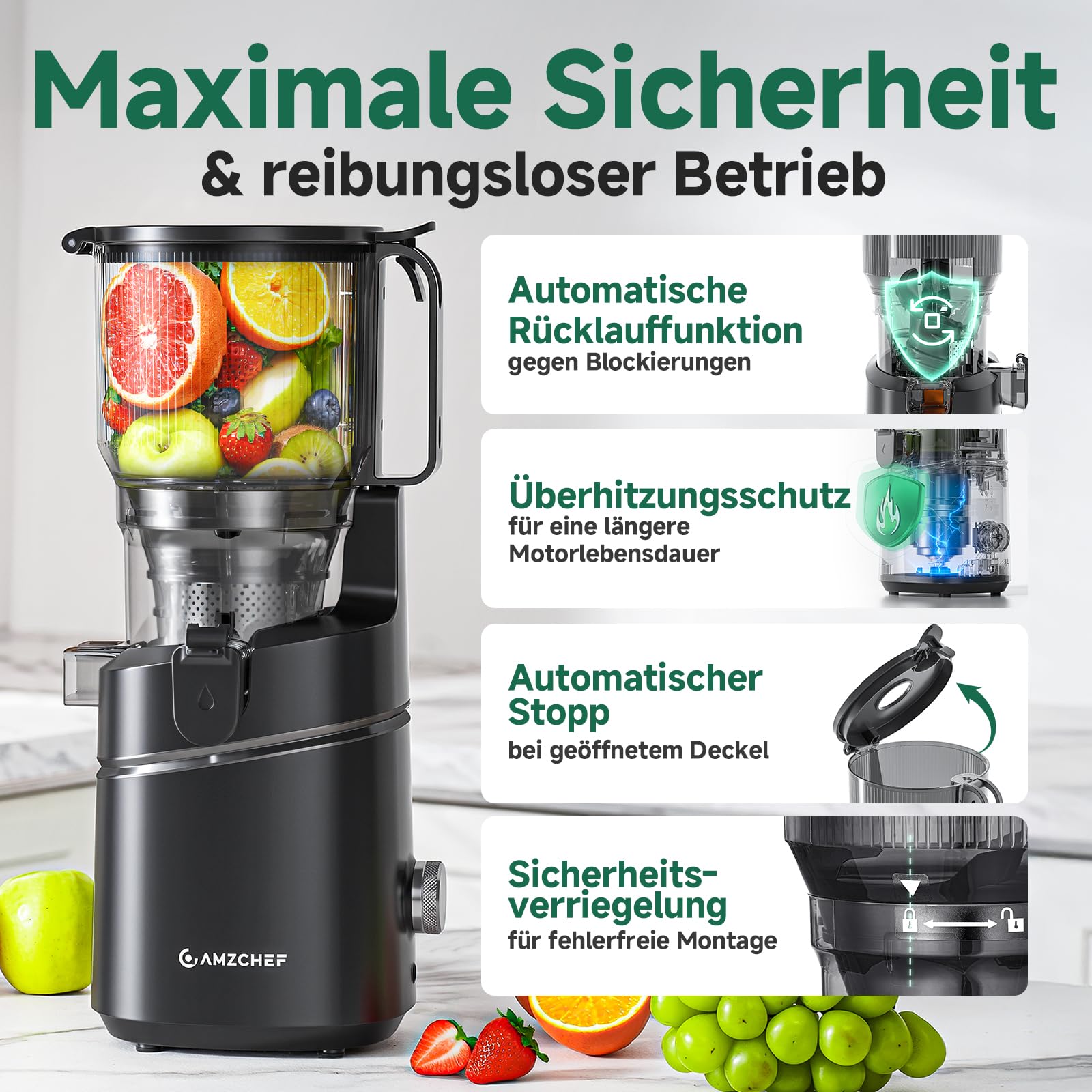 AMZCHEF 250W Automatischer All-In-One Entsafter, 150MM Öffnung, 2L Kaltpress Slow Juicer mit Dreifachem Filter - Schwarz