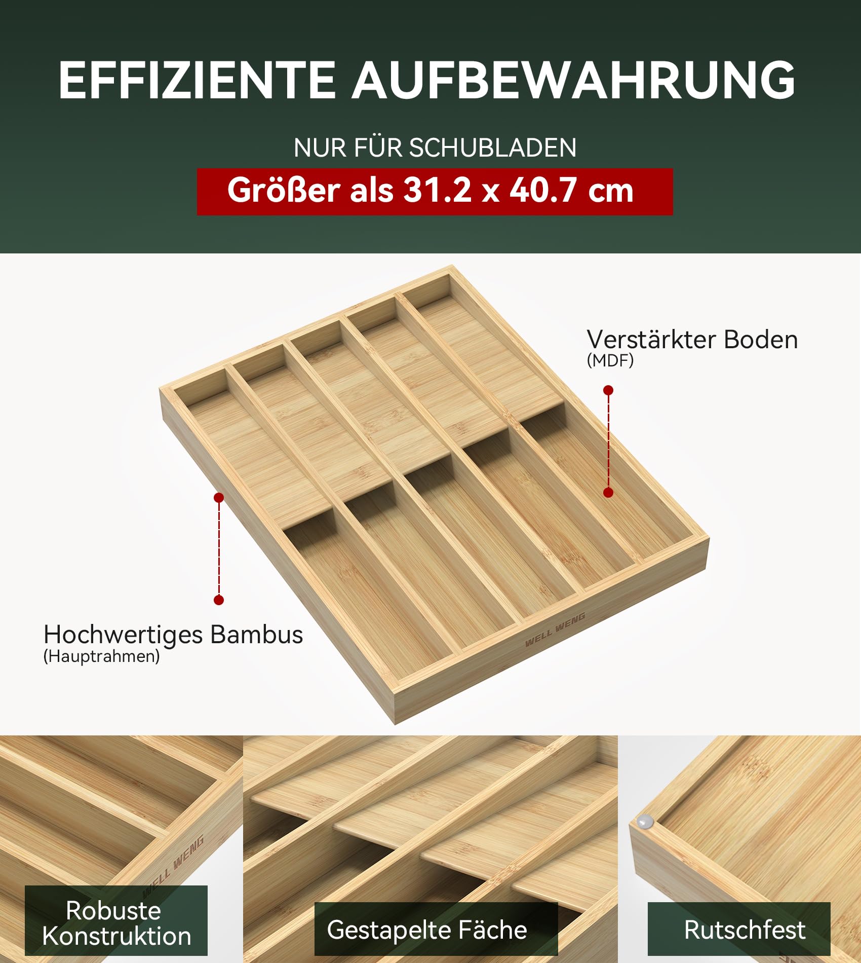 WELL WENG Organizador de cubiertos con 10 compartimentos fijos – Organizador de cajones para cucharas, tenedores, cuchillos y utensilios de cocina – Caja para cubiertos que ahorra espacio (40,7 x 31,2
