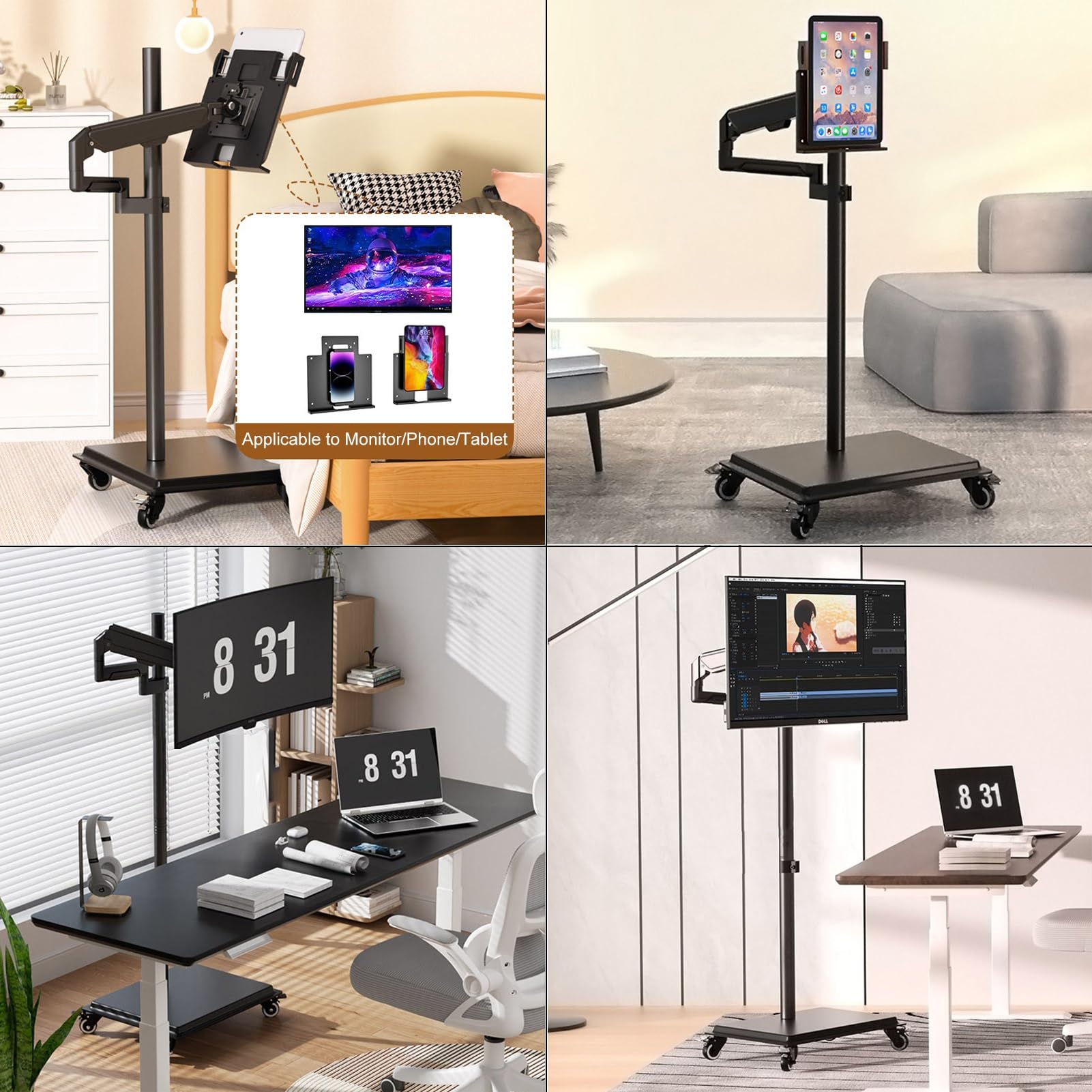 Leggio per Telefono/Tablet/E-Reader/Monitor, Altezza Regolabile e Angolo, Supporto Tablet con Base Pesante e Ruote