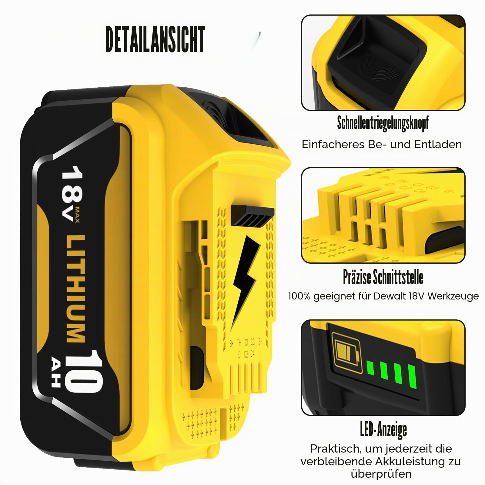 4X für Dewalt Akku 18V 10.0Ah DCB184 DCB181 DCB180 DCB184 DCB182 DCB201 DCB200 für Dewalt Akku 18V 10.0Ah (schwarz gelb)
