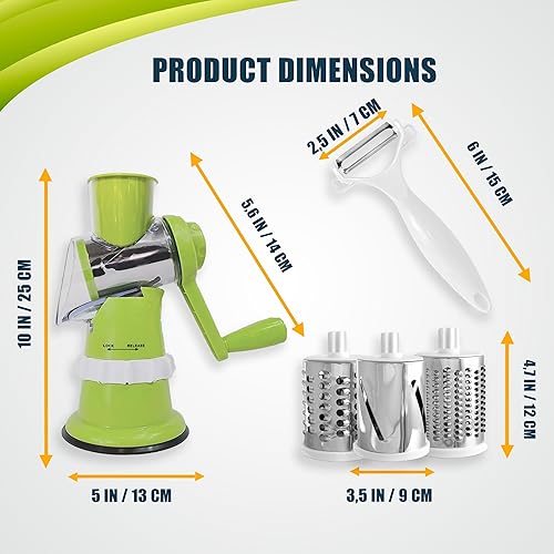 Miniatura 3 de Rallador de manivela de tambor rotativo, trituradora manual de queso y verduras con tambores de acero inoxidable, fácil de limpiar, verde y blanco