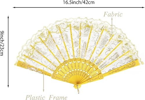 Miniatura 3 de QIRMIZI 10 abanicos plegables de encaje rosa, abanicos de mano plegables de seda, perfectos para bodas, fiestas y bailes, amarillo