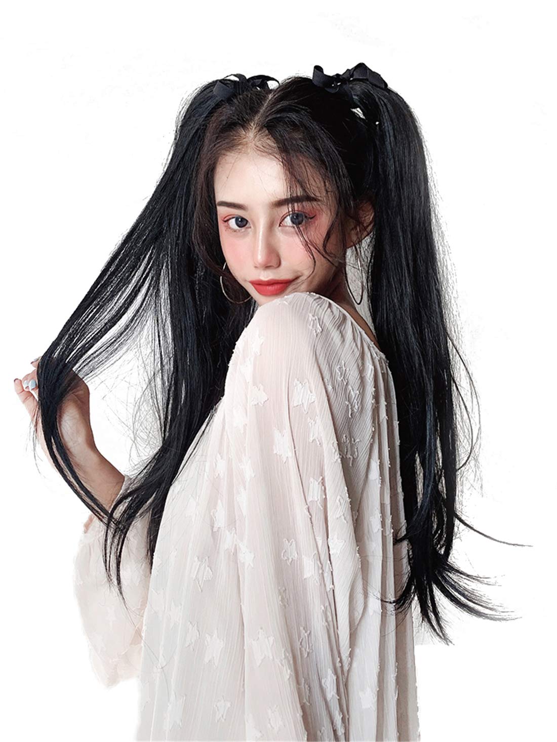 24" Long Straight Twin Ponytail Hair Extensions Ribbon Cosplay Pony Tails for Cutey, Black