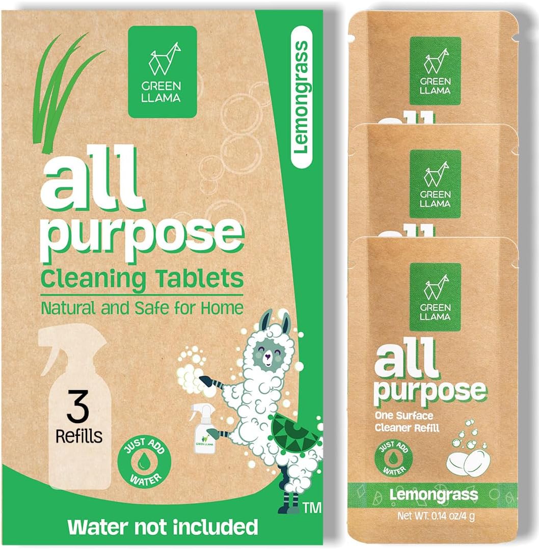 Green Llama Eco-Friendly and Sustainable All-Purpose Refill Tablets | 3-Pack | Lemon Grass Scent | Natural Cleaning Solution for Home with Certified Compostable Packaging