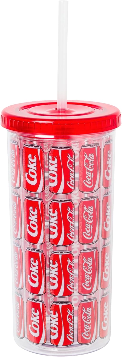 Silver Buffalo Coca Cola Coke Cans Pattern Plastic Tall Cold Cup with Lid and Straw, 20 Ounces