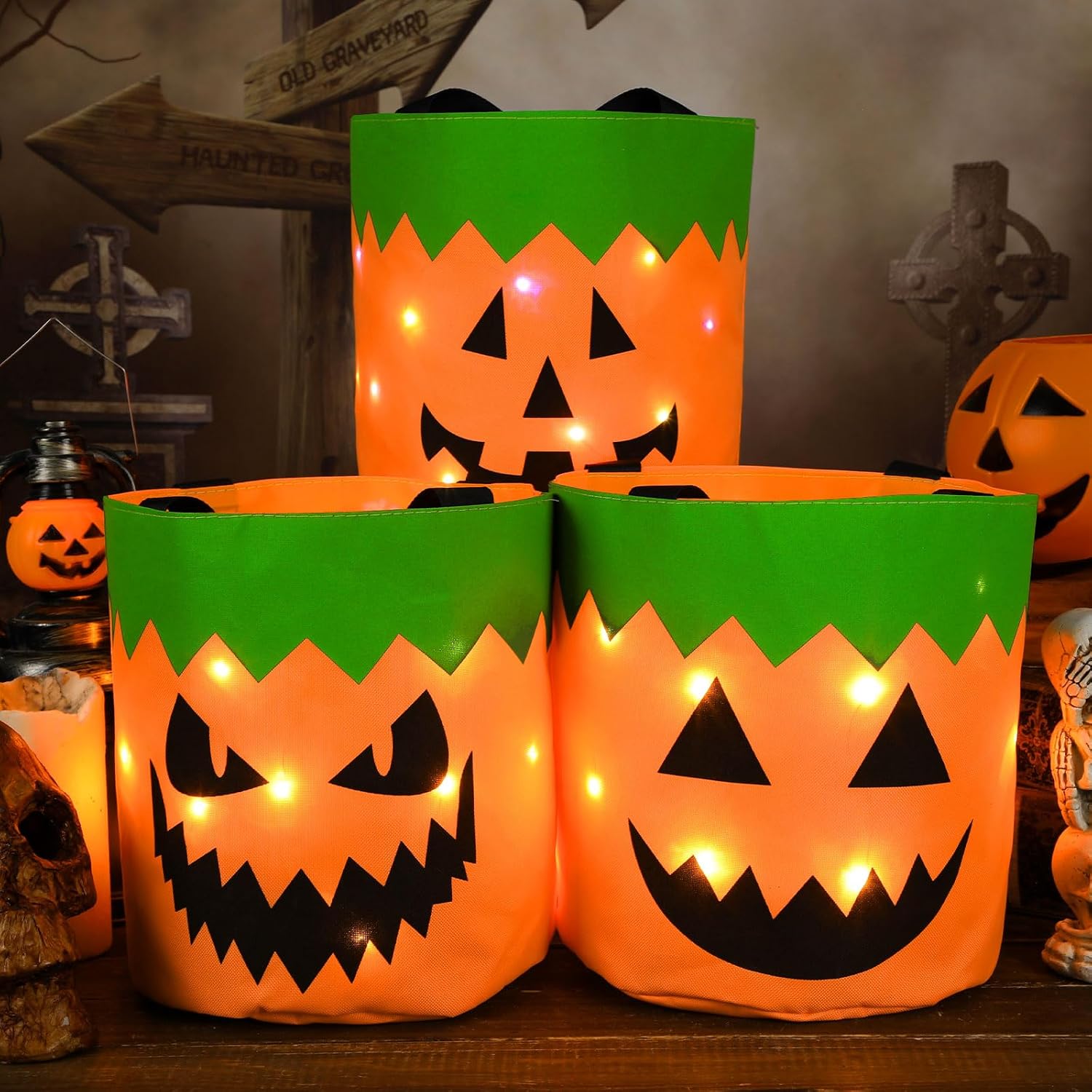 Dansydaisy 3 Pcs Halloween LED Trick or Treat Buckets Glow in The Dark Candy Bags Multipurpose Reusable Light up Goodie Buckets for Kids Halloween Party Supplies(Orange,Classic Style)