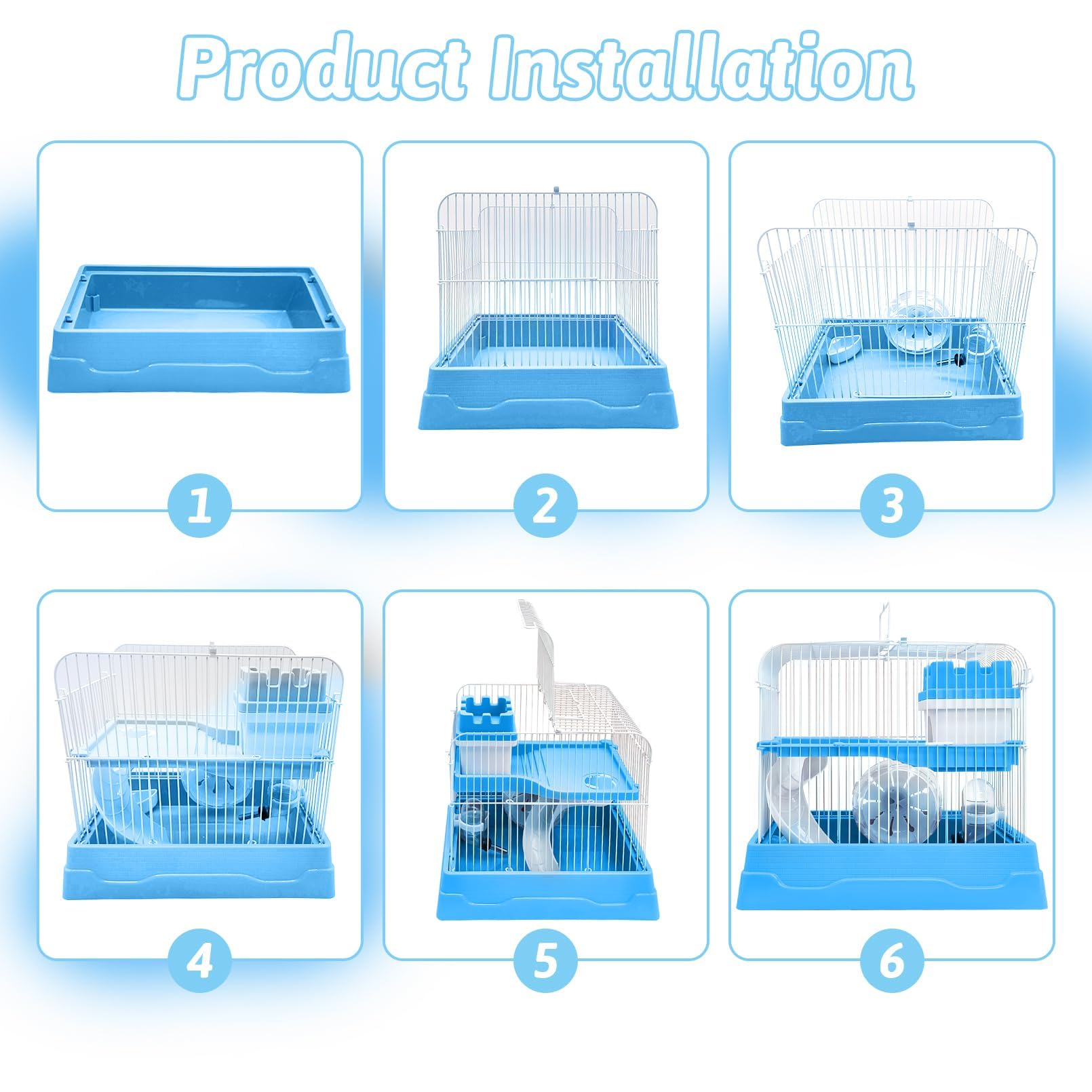 PINVNBY 2-Tier Dwarf Hamster Cage, Travel Portable Mouse Cage Gerbil Cages and Habitats Small Animal Carrier with Castle House Running Exercise Wheels, Water Bottle and Food Dish(Gray)