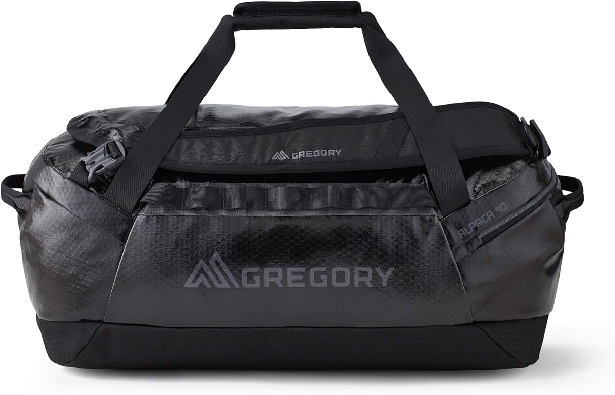 Alpaca 40L Adventure Duffel Bag, Obsidian Black | Recycled polyester ripstop fabric, abrasion resistance, Reinforced carry straps with internal fiberglass rod