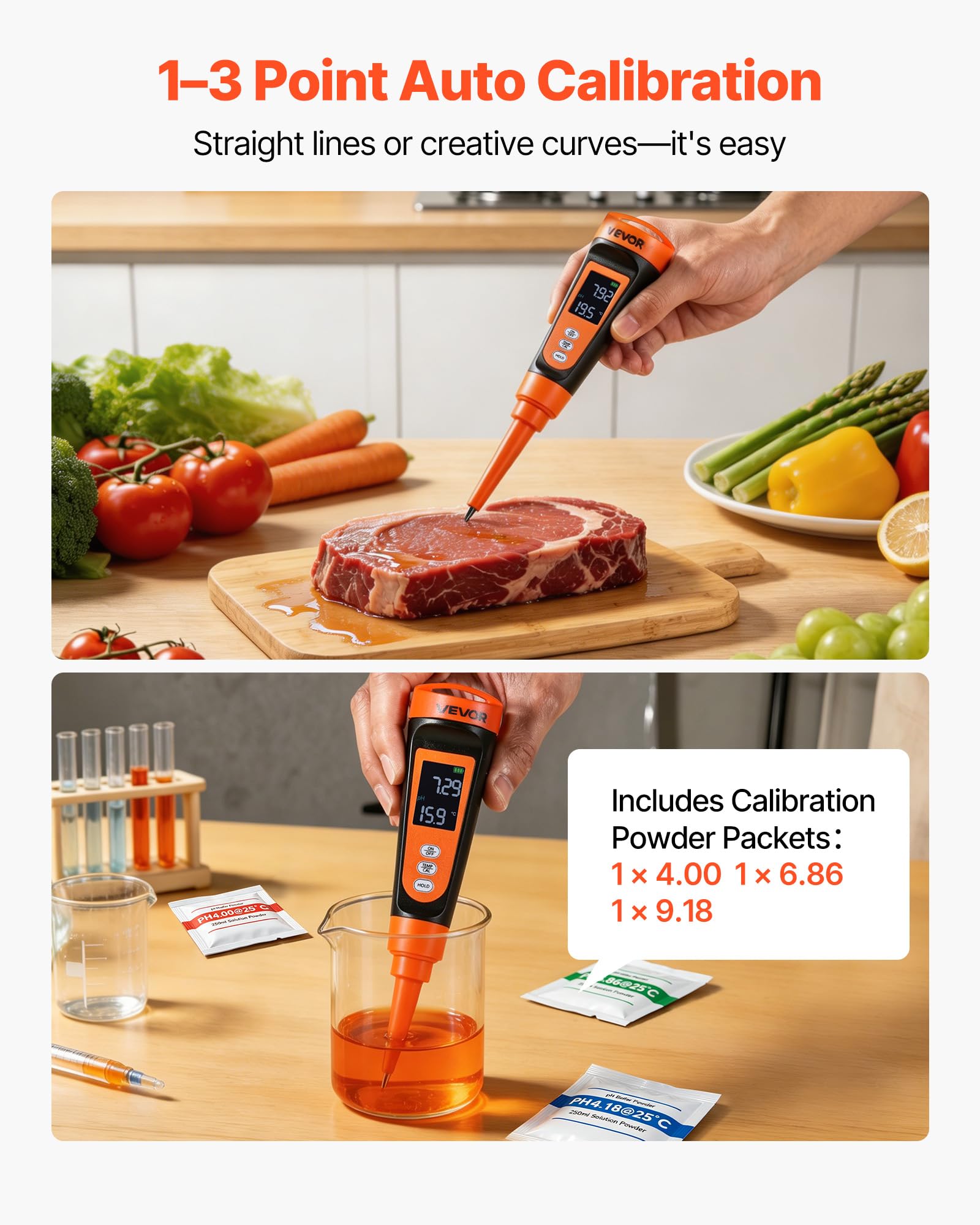 VEVOR pH-Meter für Lebensmittel, Messbereich 0–14, Wasserdichte Sonde (IP68), Messgerät mit Automatischer Temperaturkompensation, Kalibrierpulver, für Lebensmittelfermentation, Teig & Fleisch