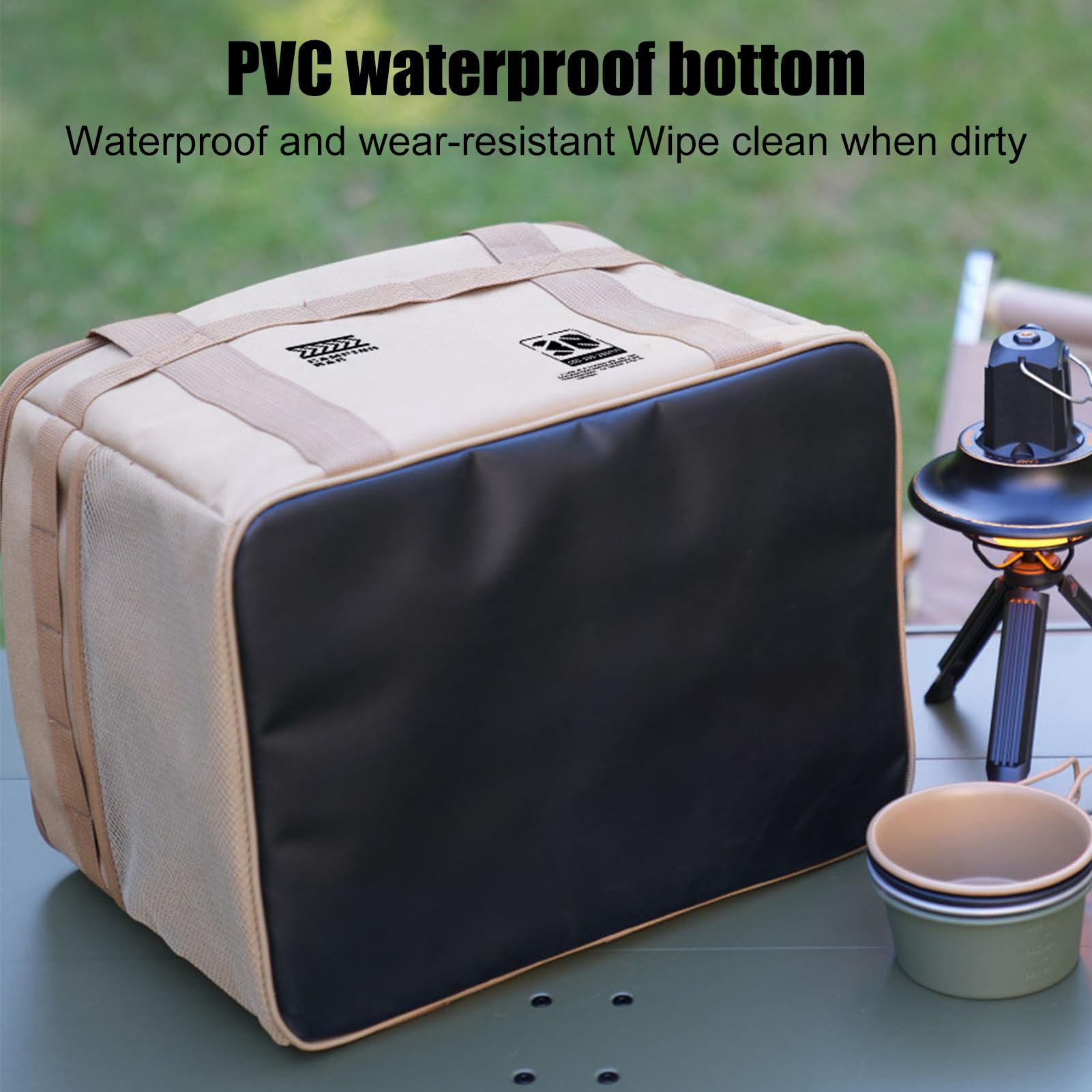 Borsa per attrezzi da campeggio, borsone pieghevole impermeabile, organizer per pentole da 30 l, manico ergonomico e struttura resistente, uso all'aperto e in viaggio, 40 x 27 x 24 cm, cachi