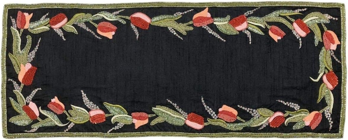 35” Hand Crafted Embroidered and Beaded Tulip Flower Silk Polyester Table Runner