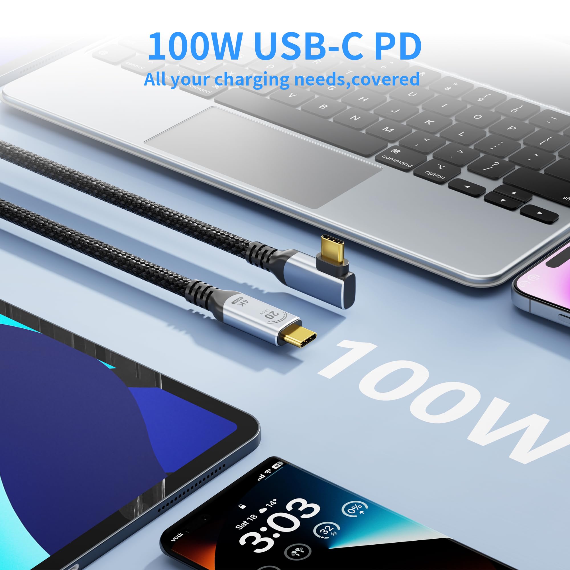 Langes, rechtwinkliges USB C-C 3.2 Gen 2 x 2,20 Gbit/s Datenübertragungskabel, kompatibel mit Thunderbolt 3,90 Grad USB-C auf C Kabel, 100 W Schnellladung, 4K @ 120 Hz Ausgangsmonitor, SSD