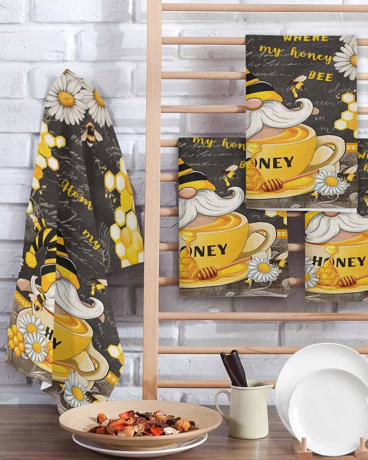 Bee Gnomes Hand Towels Set,Waffle Weave Kitchen Towels 2 Pieces,Retro Black Yellow Daisy Honey Plaid Flower Microfiber Hair Face Bath Tea Towel Absorbent Quick Drying Cleaning Dish Cloths,15.7"x23.6"
