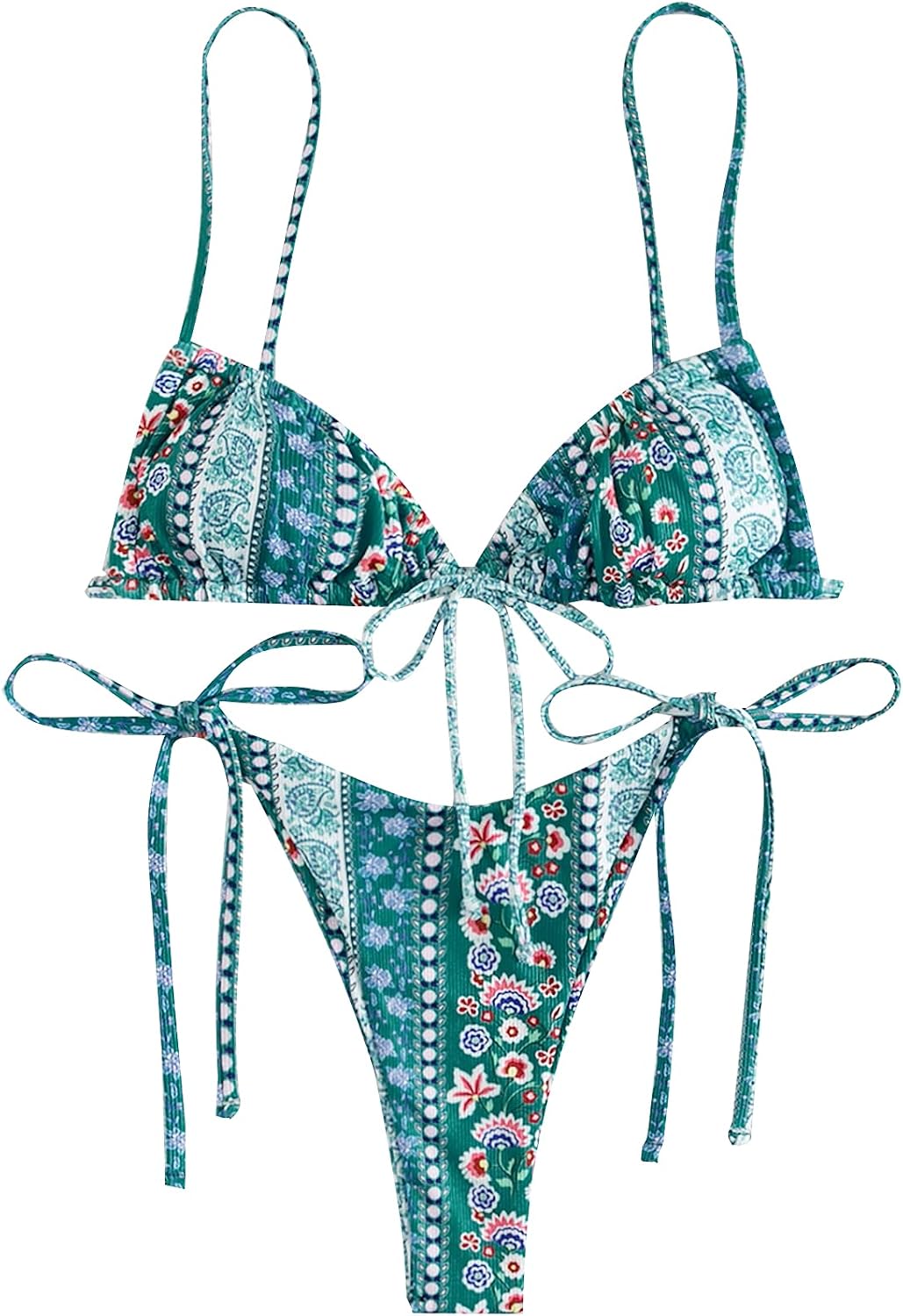 WDIRARA Women's Floral Print Bikini Set - Tie Front Halter Swimwear, Stretchy Fabric For Beach & Pool