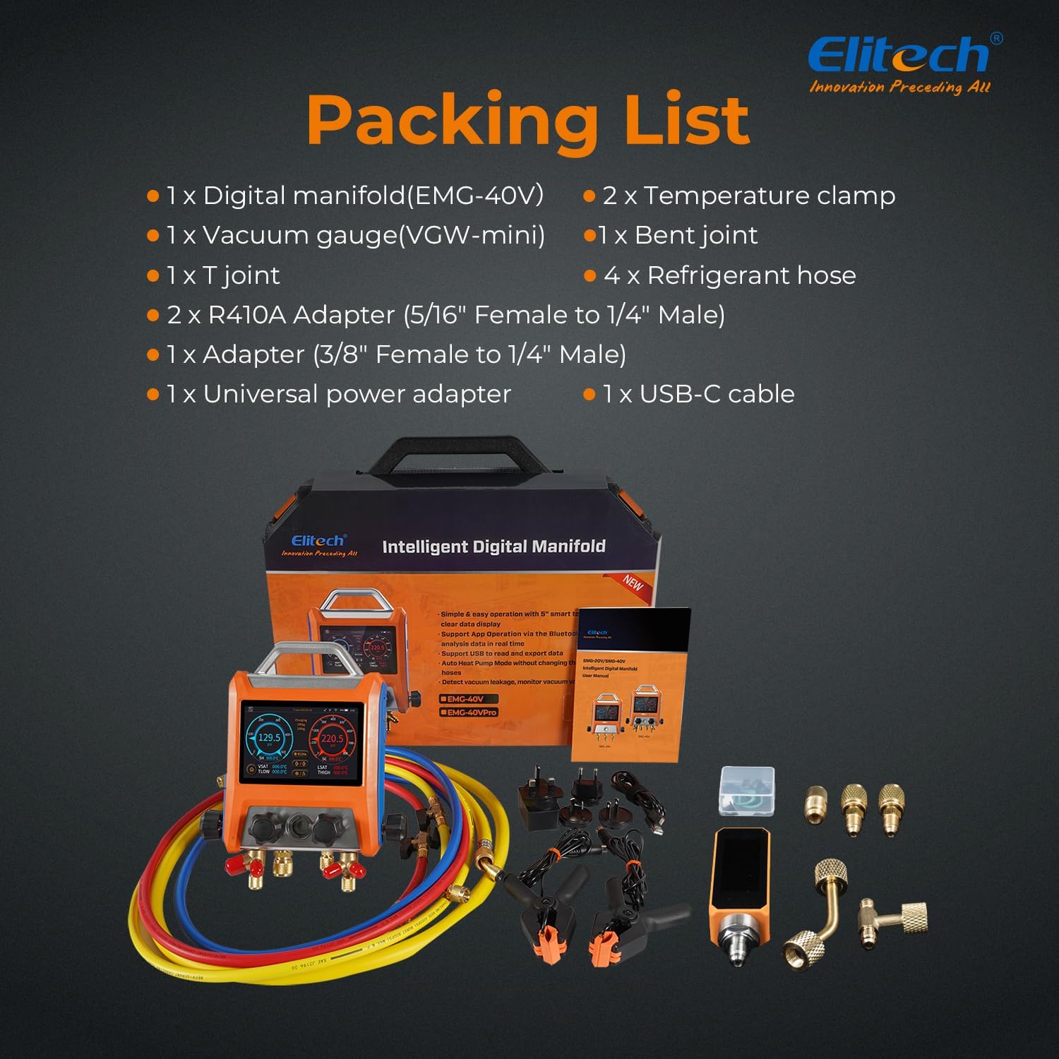 Elitech Technika chłodnicza, pomoc montażowa, zestaw Manifold Gauge, wysoka precyzja pomiaru temperatury próżniowej, tester wycieków, cyfrowy miernik do lodówek LMG-10